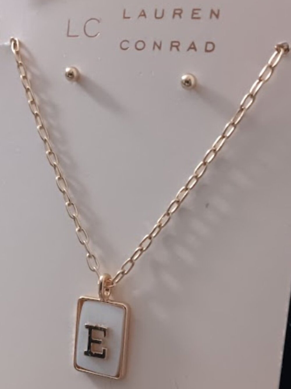 LC LAUREN CONRAD 2pc SET Gold Mother of Pearl 'E' Initial Necklace/Stud Earrings - Picture 3 of 4